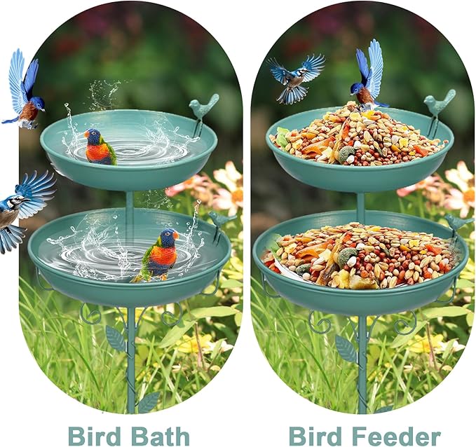 Bird Bath for Outside Green 2-in-1 Freestanding Garden Birdbath | Metal bird bath with floral scroll 5-Pronged Base Deep large bowl for birds drinking & bathing Yard patio landscape decor