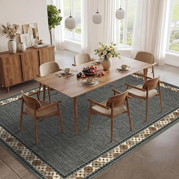 Garvee 8x10 Tribal Border Washable Rugs for Living Room Bedroom Rug, Brown | Floral Border Area Rug Stain Resistant Easy Cleaning Throw Rugs Low Pile Floor Cover for Nursery Dining Room Apartment