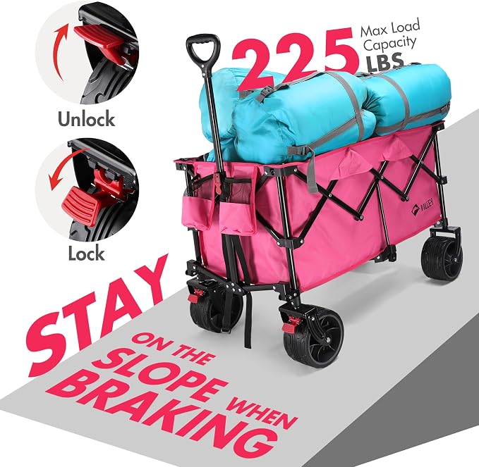 VILLEY Collapsible Folding Wagon with Big Wheels, Enlarged 225lbs Capacity, All Terrain Wagons Carts Heavy Duty Foldable, Portable Utility Garden Cart with 2 Cup Holders and Brake, Pink.