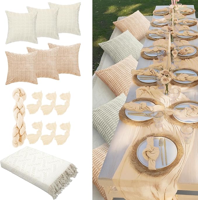 Beeveer 14 Pack Picnic Kit 91x71 Inch Extra Large Outdoor Boho Picnic Blanket with Beige White Table Runner, 6 Throw Pillow Cover 6 Napkin Woven Cotton Yarn Washable Beach Blanket for Camp Wedding