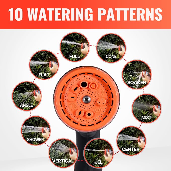 YAMATIC Garden Hose 50ft x 5/8in, Durable Water Hose with 10 Function Hose Nozzle, Swivel Handle, Kinkless, Leakproof, 3/4" Solid Brass Connections for Backyard Lawn Car Wash
