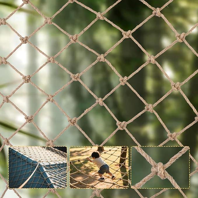 Jute Hemp Rope Net,Heavy Duty Natural Safety Rope Netting Balcony Stairs Fence Garden Playground Protection Net Indoor & Outdoor Decoration Rope Netting (6.5FT*9.8FT)