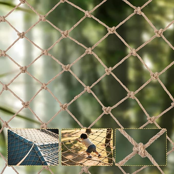 Jute Hemp Rope Net,Heavy Duty Natural Safety Rope Netting Balcony Stairs Fence Garden Playground Protection Net Indoor & Outdoor Decoration Rope Netting (3 FT x 16 FT)