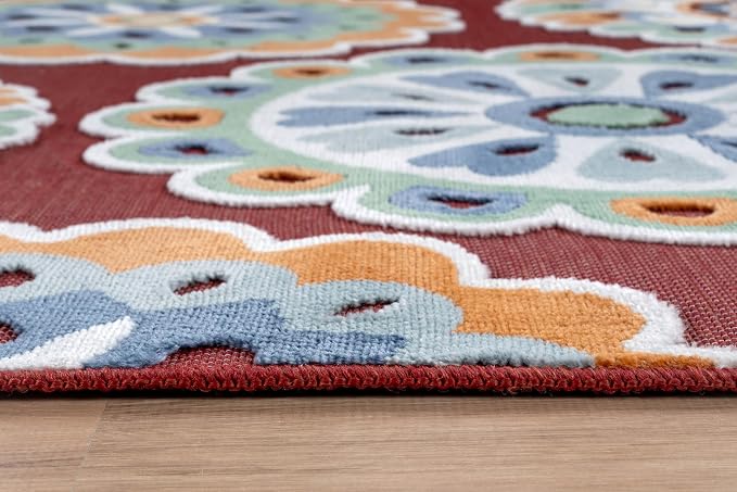 Outdoor Rug 10x14 Washable Area Rugs Indoor Outdoor Carpets Red Bohemian Medallion Non Shedding Waterproof Easy Clean Patio Deck Porch Living Room Bedroom Garden RV (10 X 14 Red)
