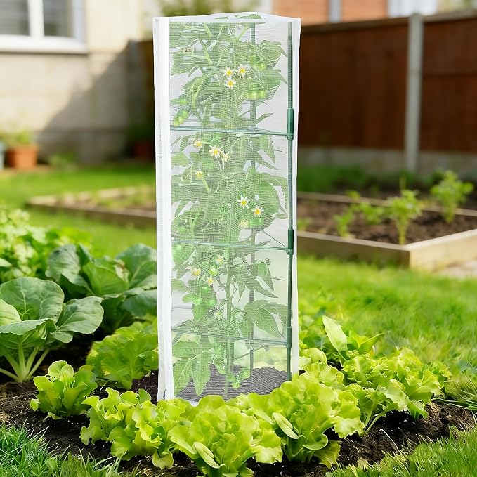 6 Pack Tomato Cage Netting Covers for Triangle Tomato Cages, 43" × 14.6" Fine Mesh Garden Netting with Easy-Access Zipper & Adjustable Drawstring, Durable Bird & Insect Barrier for Tomato Plants