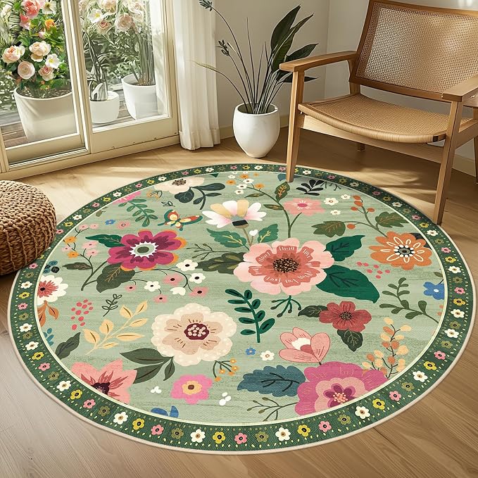 RELEANY Floral Washable Round 6ft Area Rug LightGreen | Flower Carpet, Print, Boho, Non-Slip, Easy to Clean, Soft, Low Pile for Living Room Bedroom Kitchen Office Entryway Hallway