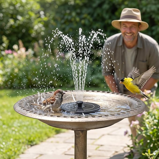 VINGLI Pedestal Bird Bath with Solar Fountain, Solar Pump Resin Birdbaths, Weather Resistant Bird Baths with Ground Stakes, Vintage Finish Garden Decor for Outdoor, Patio, Yard, Lawn (Copper-2.5W)