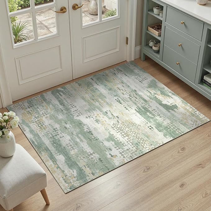 DCX Washable Abstract Area Rug 3x6, Non Slip Low Pile Rug, Sage Green | Easy to clean, non-shedding, soft, kid & pet friendly, with a non-slip rubber backing for living rooms, bedrooms, and offices