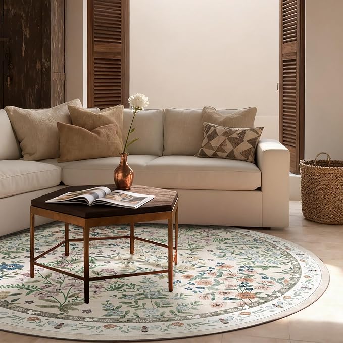 Washable Round Rugs for Bedroom 4ft: Living Room Rug Stain Resistant Non Slip Low Pile Ultra Soft Faux Wool Small Circle Rugs for Entryway Kitchen Bathroom Nursery Entrance Dorm Home Office Indoor
