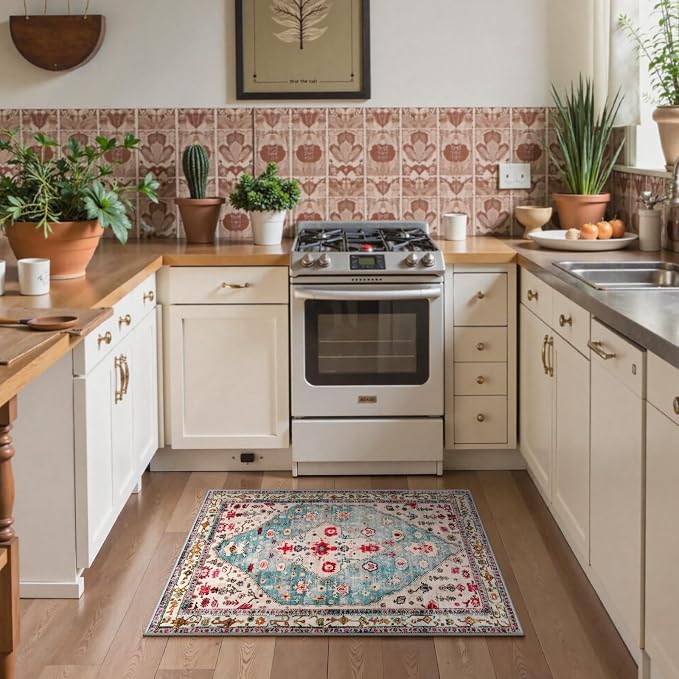 Lahome Felice Boho Tribal Area Rug - 2x3 Small Aqua Bath Rugs Kitchen Throw Mat, Soft Washable Non Slip Non Shedding Bohemian Bathroom Bedroom Carpet for Front Door Living Room Stove Chair