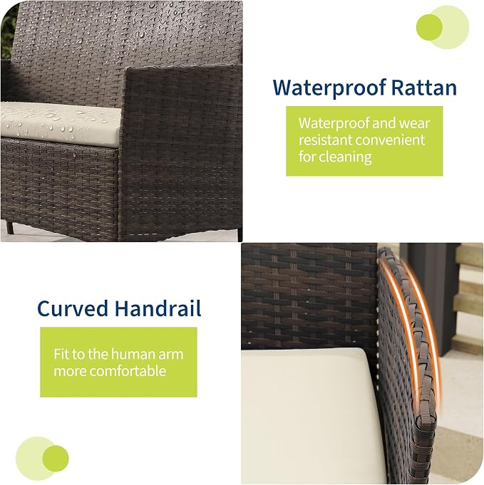4-Piece Outdoor Furniture Set, PE Rattan Wicker Chairs with Soft Cushions & Tempered Glass Coffee Table - All-Weather Patio Set for Garden, Backyard, Porch, Poolside (Brown/Beige)