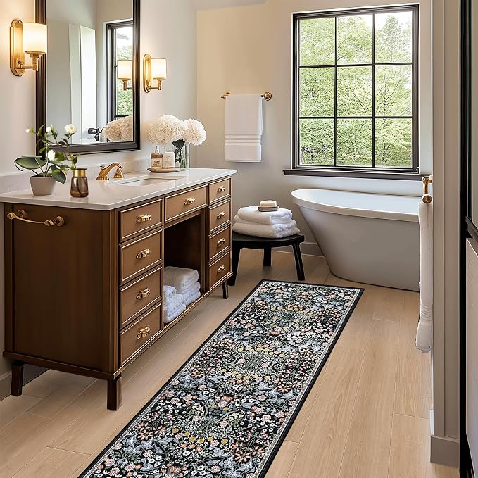 PLHXFR 2.6x8 Washable Runner Rug：Floral Indoor Kitchen Carpet Dark Black | For Hallway Bedroom Kitchen Laundry Bathroom Dorm,Vintage Floral,Machine washable,Non Slip,Stain Resistant,Indoor Floor