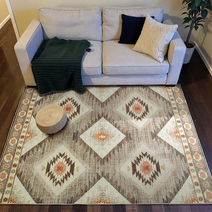 4ft-Square Washable Area Rug for Living Room Cream/Camel | Soft Western No Slip Low Pile Print Foldable Indoor for Kitchen Dining Room