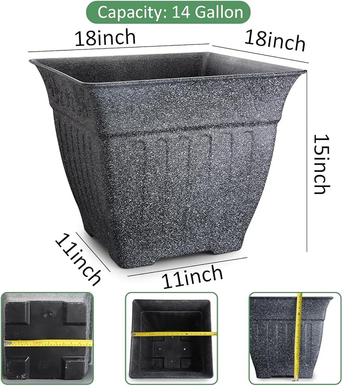 18" Large Square Planter for Plants - 4 Pack Imitation Cement Plastic Flower Pots with Drainage Holes & 2cm Raised Base, 14 Gal Decorative Stone Like Garden Pot, Retro Plant Container (15" Tall)