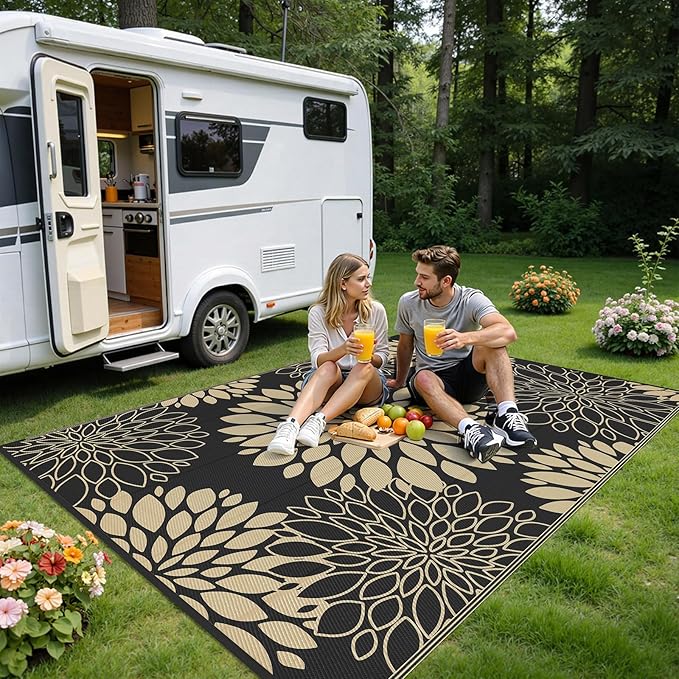 Ileading Waterproof Outdoor Rug 6x9, Reversible Plastic Straw Patio Rug, Portable Indoor Outdoor RV Camping Mat Carpet for Deck, Porch, Balcony, Backyard, Picnic, Floral Black