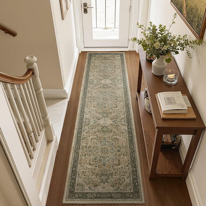 2x7 Hallway Runner Rug, Moody Vintage Medallion Entryway Rugs for Inside House Mudroom, Kitchen Runner Rugs Non Skid Washable, Carpet Runner for Bathroom Laundry Room Bedroom, Multi Brown/Olive