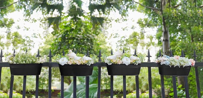 Dahey 4 Pcs Metal Hanging Flower Pots for Railing Fence Outdoor Planter 15.7 Inch Hanging Bucket Pots Countryside Window Flower Plant Holder with Detachable Hooks for Garden Yard Home Decor,Black