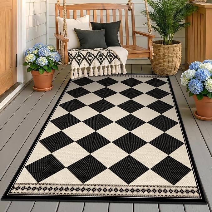 Black and White Diamond Outdoor Easy Jute Front Porch Rug 3x5, Washable Non-Slip Checkered Entryway Rug, Modern Farmhouse Boho Low Pile Indoor Beige White Carpet for Living, Kitchen, Mudroom, Laundry