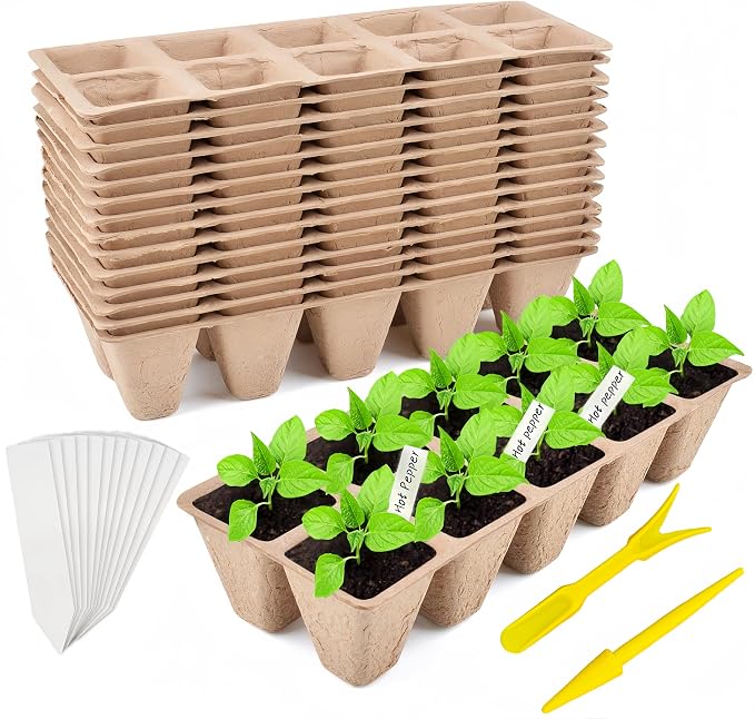 240 Cells Seed Starter Tray, 24 Pack Biodegradable Peat Pots with 24 Plant Labels, Organic Seed Starting Trays kit