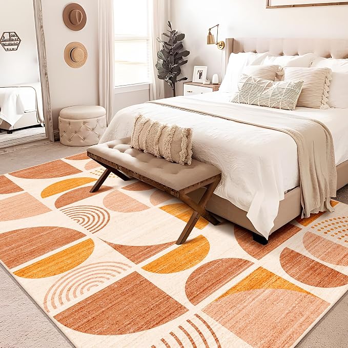 Area Rug 6x9,Washable Rugs Non Slip Modern Abstract Boho Large | Throw Carpet for Living Room Bedroom Dining Room Soft Low Pile Floor Indoor Bohemian Orange