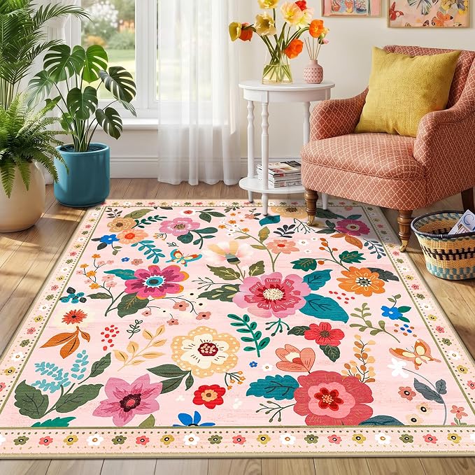 RELEANY Floral Washable Square 6ft Area Rug Pink | Flower Carpet, Print, Boho, Non-Slip, Easy to Clean, Soft, Low Pile for Living Room Bedroom Kitchen Office Entryway Hallway