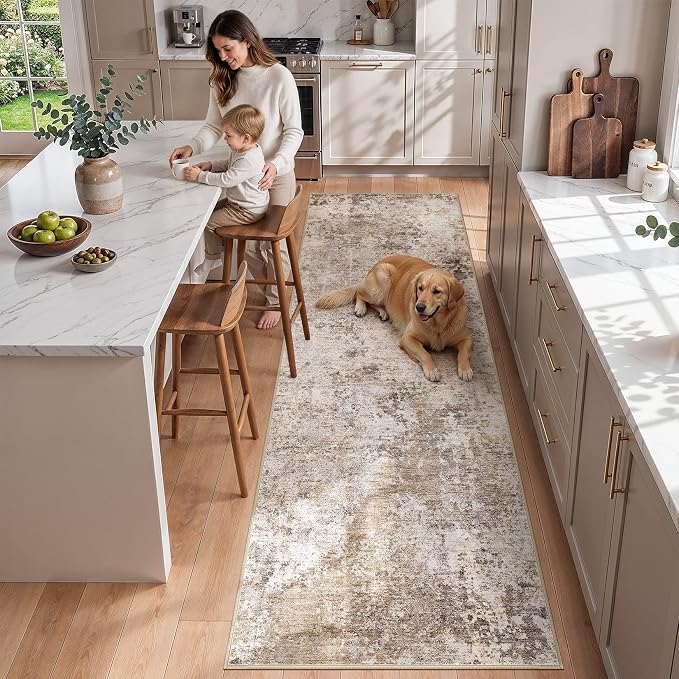 Nakagishi 3x8 Abstract Washable Area Rugs for Entryway-Golden Brown | Modern Non-Slip Silicone Backing Low Pile Soft Carpet for Bedroom Dining Decor for Families with Kids and Pets