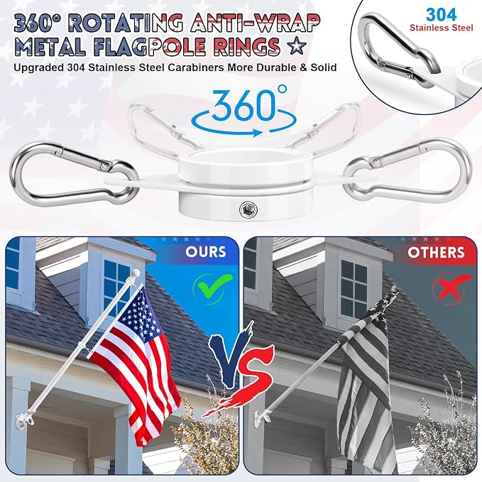 REERON Flag Pole Kit for House, 6 FT Stainless Steel Spinning Flag Pole, 1" Rustproof Porch Flagpole with 360° Tangle Free Metal Flagpole Rings & 2-Position Bracket for Outdoor Sport for 3x5 Flags