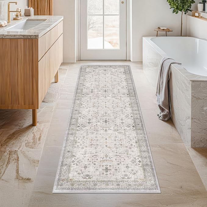 Boho 2x5 Floral Bathroom Runner Rug - Washable Low Pile Runner Rugs for Laundry Room, Door Mat Indoor Entrance, Neutral Light Gray & Sage Geometric Decor & Stain Resistance