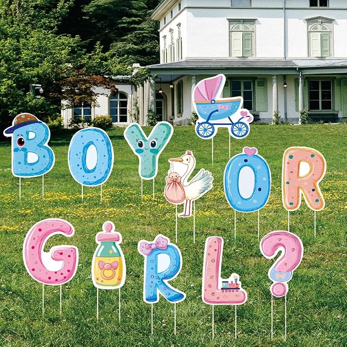 SUPERDANT 12Pcs Gender Reveal Party Yard Sign with 24 Stakes Boy or Girl Baby Shower Lawn Decorations Birth Party Outdoor Sign Newborn Garden Decor for Celebration 11.8x11 Inch