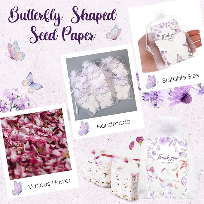 Dunzoom 50 Sets Wedding Gifts for Guests Butterfly Shaped Seed Paper Handmade Flower Petals Tags Plantable Wildflower Seed Paper Recycled Thank You Cards and Organza Bags for Bridal Party Favors