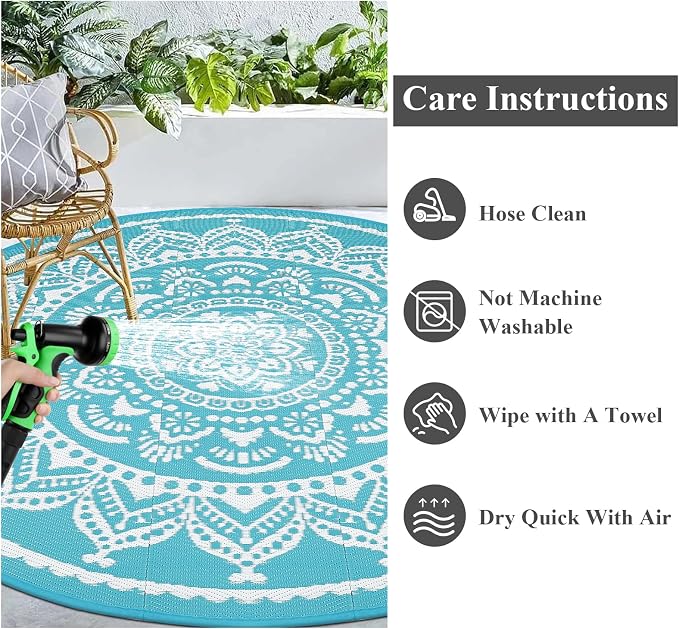 Bsmathom Waterproof Outdoor Rug 8ft Round Reversible Boho Plastic Straw Patio Deck Camping Rugs, Indoor Outdoor Portable RV Mat Carpet for Outside, Porch, Balcony, Backyard, Beach, Pool,Teal