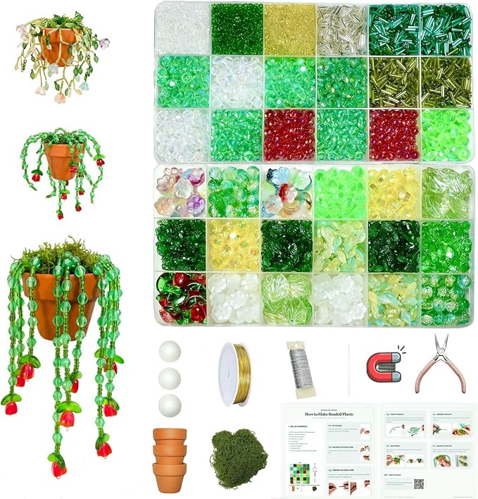 TIMECOSY 6384pcs Beaded Plants Kit Magnets for Fridge, Green Beads Leaf Glass Flowers for Succulent Plant Lover Jewelry Making DIY Craft Gifts Colorful Dangling Charms Sun Catchers Window Home Décor