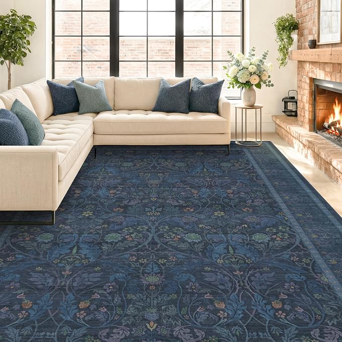 Navy Blue 8x10 Large Rugs for Living Room, Machine Washable Soft Dark Blue Area Rugs for Bedroom, Low Pile Carpet with Vintage & Boho Décor Floral and Botanical Pattern