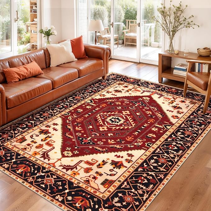 SERISSA 3x5 Washable Non Slip Boho Area Rug for Bedroom，Red Black | Ultra Soft Vintage Oriental Carpet Low-Pile Distressed Tribal Throw Rug Carpet for Living Room Nursery Kitchen Dorm Decor