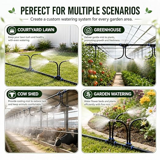 50Ft 1/2" Tubing High-Flow Drip Irrigation System, 360° Adjustable Garden Watering System with 30 Nozzles, Dual-Side Watering Kit for Raised Beds, Greenhouses & Efficient Plant Irrigation