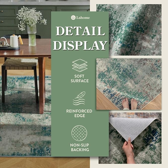 Lahome Modern Abstract Area Rugs 3x5 Washable Rug, Throw Rugs for Bedroom Low Pile Anti Slip, Distressed Accent Carpet for Entryway Kitchen Bathroom Laundry Front Door, Green/Grey
