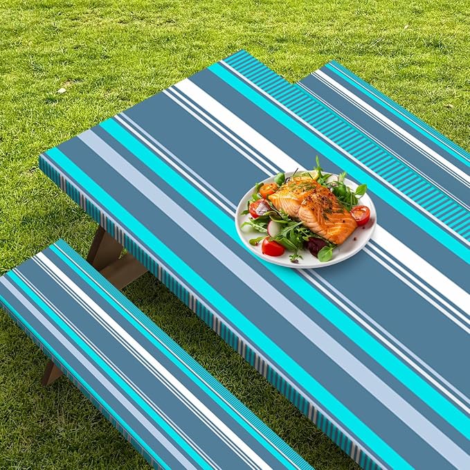 Picnic Table Cover with Bench Covers Elastic Edges, Blue Grey Tripes Camper Fitted Table Cover, Outdoor Patio Camping Essentials 72 Inch 3PCS, Waterproof Camping Fitted Tablecloth with Drawstring Bag