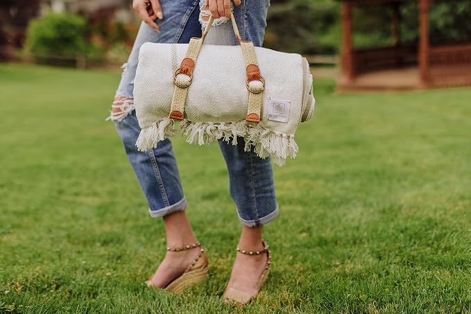 Picnic TIME Montecito Picnic Blanket with Harness, Large 60" x 70" Outdoor Blanket, Woven Cotton Top with Water-Resistant Poly Duck Backing, Sandproof Beach Mat for Camping & Travel (White & Taupe)