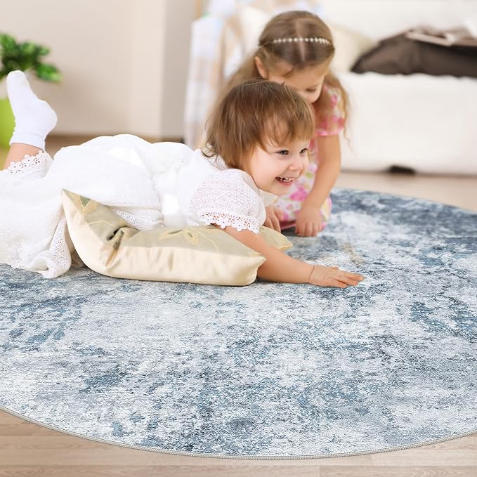 DMOYEST 5ft Round Area Rug for Living Room Washable Non Slip Circle Rug | 5x5 Neutral Modern Abstract Low Pile Rugs Kid & Pet Friendly Soft Carpet for Bedroom and Dining Room - Blue