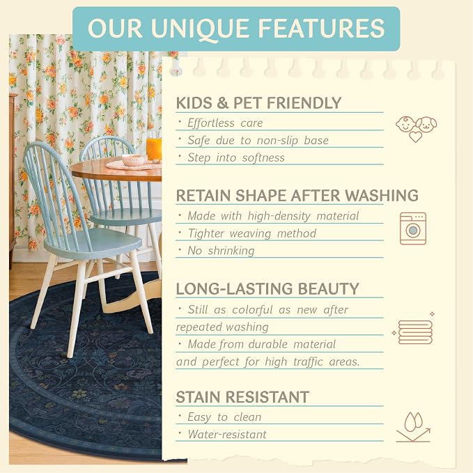 Washable 8ft Large Round Area Rug for Living Room, Moody Navy Botanical Floral Circle Carpet, Vintage Traditional Floor Rug for Dining Room Under Table, Non-Slip Stain Resistant for Bedroom