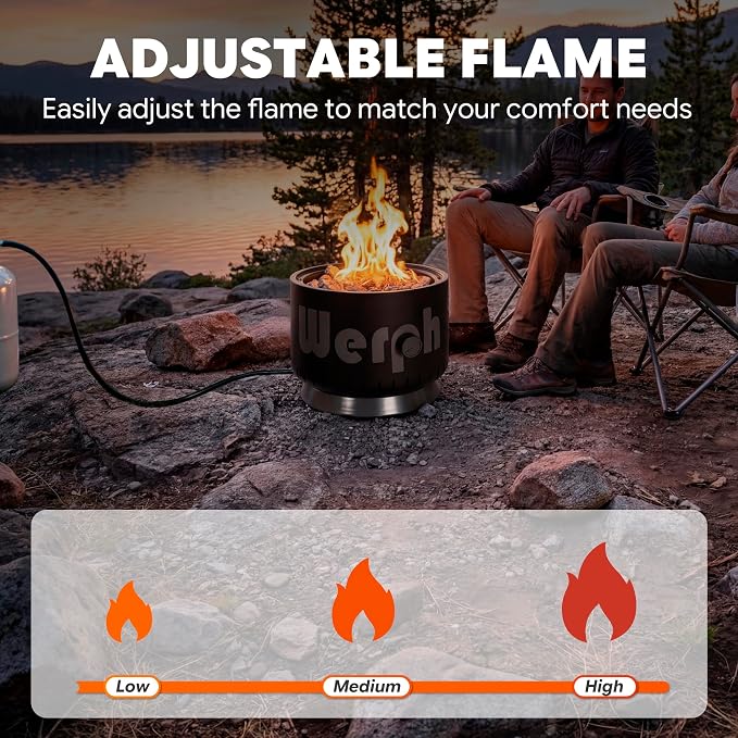 Werph 17-Inch Compact Propane Gas Fire Pit, 58,000 BTU, Black | Lightweight with Locking 2-in-1 Lid & Pumice Stones, Perfect for Camping, RV, Picnic, Fishing, and Backyard