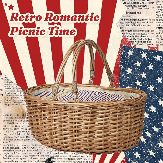 Wicker Picnic Basket with Insulated Lined Bag 15“ x 11” x 7“ Red, White,Blue Star Stripe Pattern, Iced Beer Insulated Bag for Camping, Picnics, Birthday Gifts, Wedding Gifts