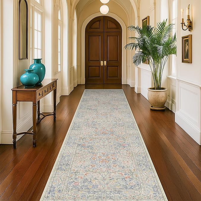 Beige Blue Washable 2'6"x10' Wide Hallway Runners, Kitchen Runner Rug, Non-Slip & Stain Resistant 10ft Long Floor Rug, Retro Lilic Boho Floral Décor