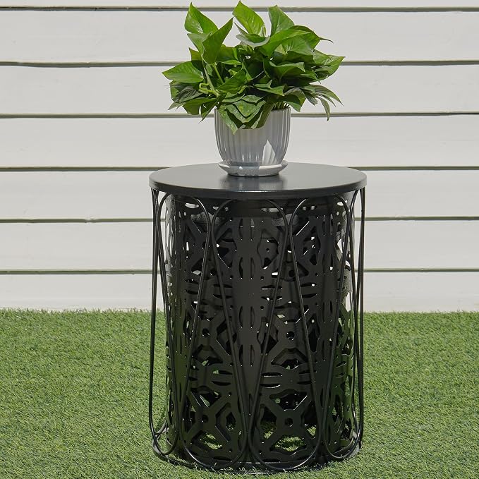 Y&M Outdoor Side Tables Set of 3, Round Metal Stacking Patio Side Tables, Indoor & Outdoor End Tables, Decorative Garden Stool Plant Stand for Patio, Garden, Balcony, Porch, Black