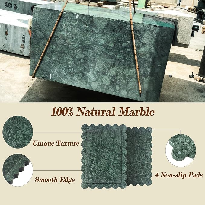 YMXYJM Genuine Indian Green Scalloped Marble Tray, Real Natural Marble Stone Trays, Luxury Decorative Trays for Bathroom, Dresser, Vanity, Home Decor, 10.6" x 8", Dark Emerald Green
