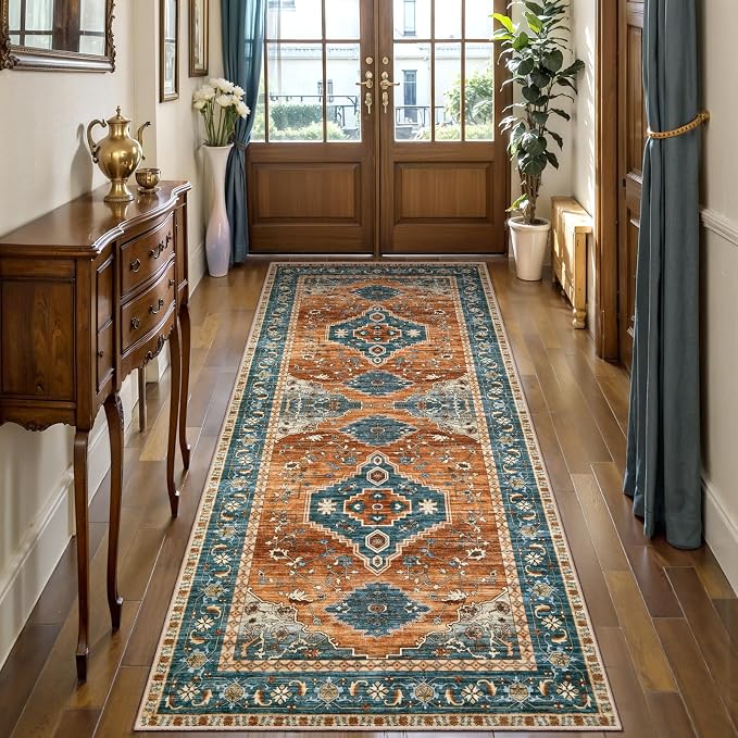 Tangsoo Vintage 2x6 Washable Runner Rugs for Hallways, Non Slip Rug Runner | Oriental Soft Low Pile Long Rug, Boho Carpet Runners for Kitchen Bedroom Entryway Bathroom Living Room Home Decor Orange/Blue