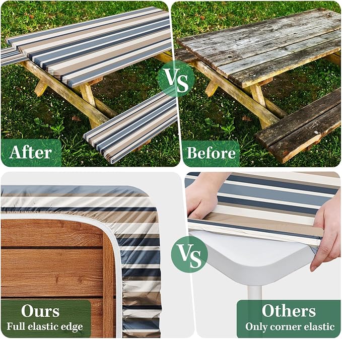 Picnic Table Cover with Bench Covers Elastic Edges, Blue Tripes Camper Fitted Table Cover, Outdoor Patio Camping Essentials 72 Inch 4PCS, Waterproof Camping Fitted Tablecloth with Drawstring Bag