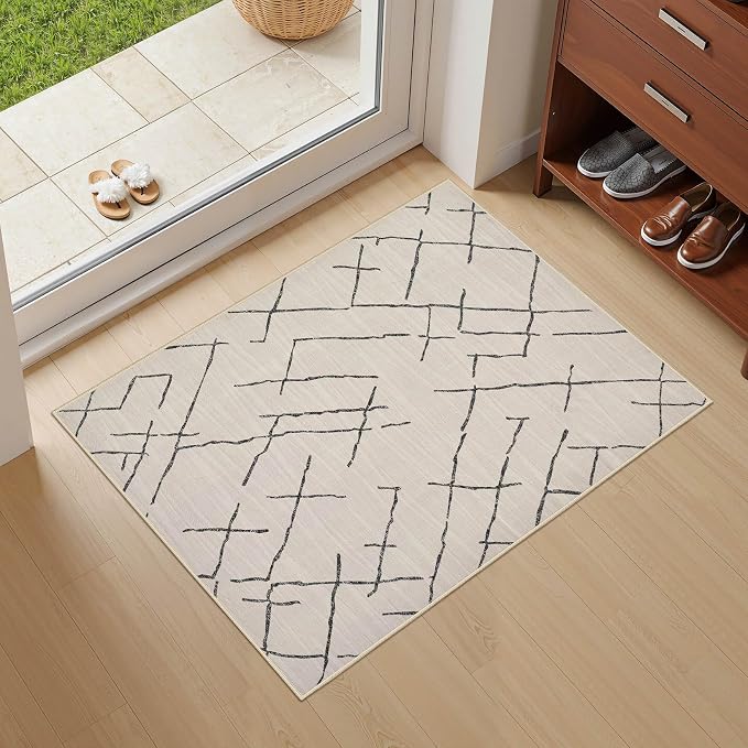 kakania Washable 2x3 Area Rug for Entryway: Boho Geometry Home Decor Rug | Soft Stain Resistant, Low-Pile, Non-Slip, Pet & Kid Friendly, Thin Carpet for Hallway/Kitchen/Bathroom - Beige