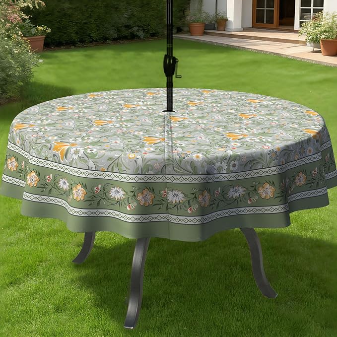 Green Print Outdoor Tablecloth with Umbrella Hole 60" x 60" Waterproof Zipper Table Cloth for Patio Table - Ideal Tablecloths for Picnics, Camping, and Yard Use