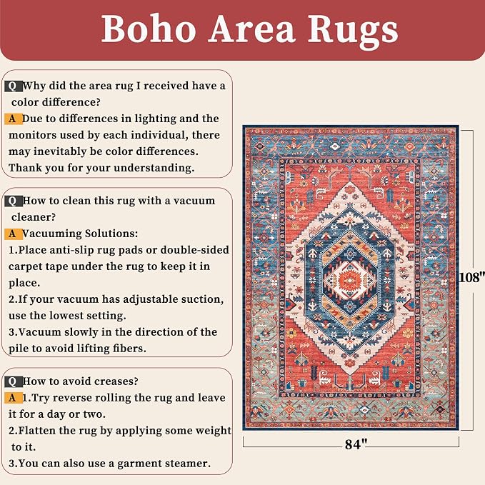 SERISSA 7x9 Washable Non Slip Boho Area Rug for Living Room，Rust | Ultra Soft Vintage Oriental Carpet Low-Pile Distressed Tribal Floor Carpet for Dining Room Bedroom Dorm Office Home Decor